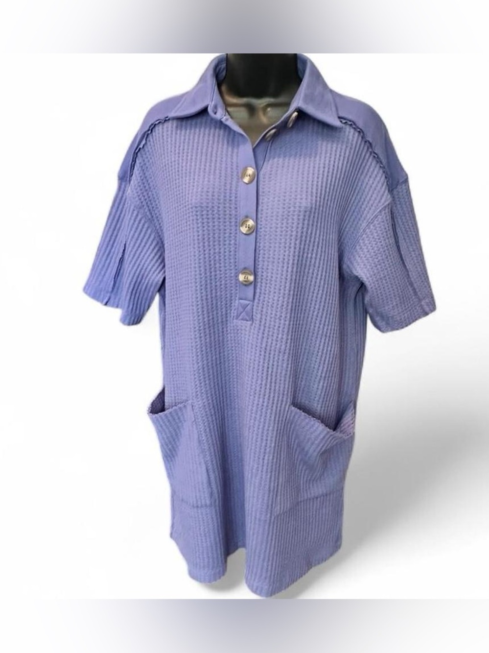 NWT Zenana Oversized Short Sleeve Marlon Blue Waffle Knit Polo Dress MEDIUM